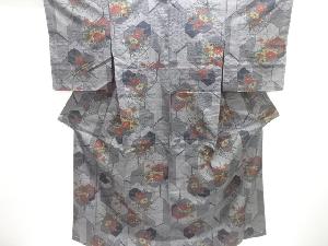 アンティーク　亀甲に花車模様織り出し十日町紬着物